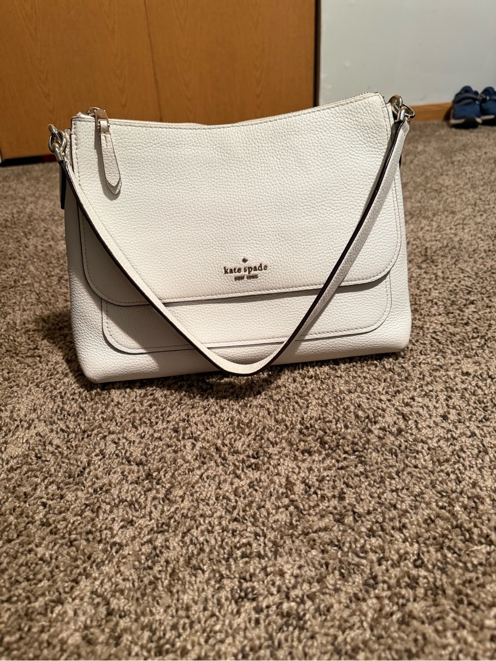 kate spade White Pebbled Leather Flap Shoulder Bag